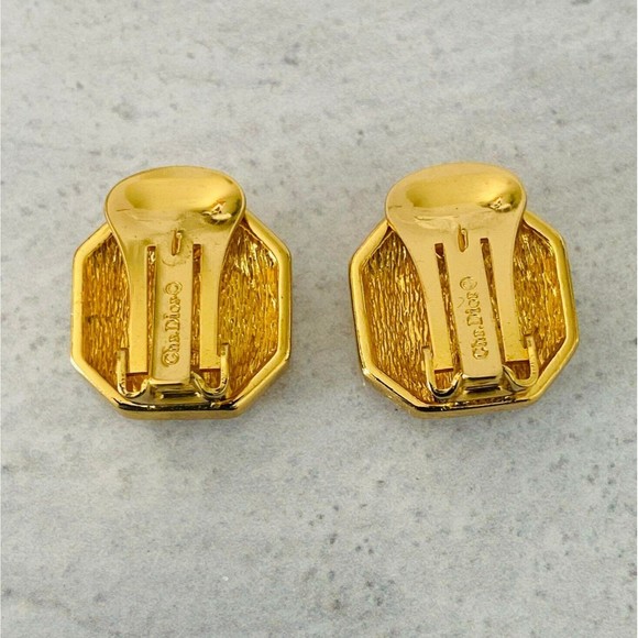 Vintage Christian Dior Black Enamel Rhinestone Earrings Gold Plate Hexagonal 90s - Picture 4 of 5